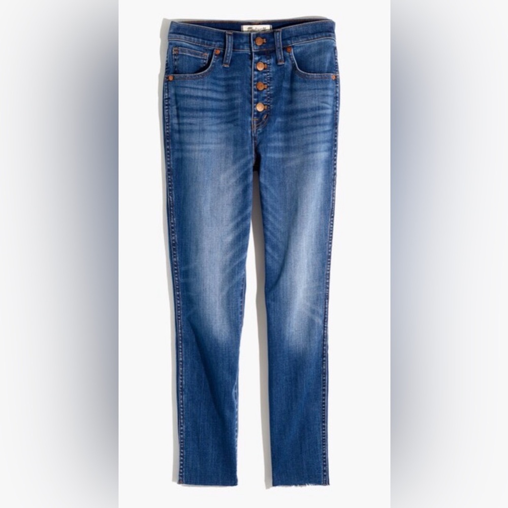 Madewell 10” High Rise Skinny Med Wash Button Fly Frey Hem Jeans